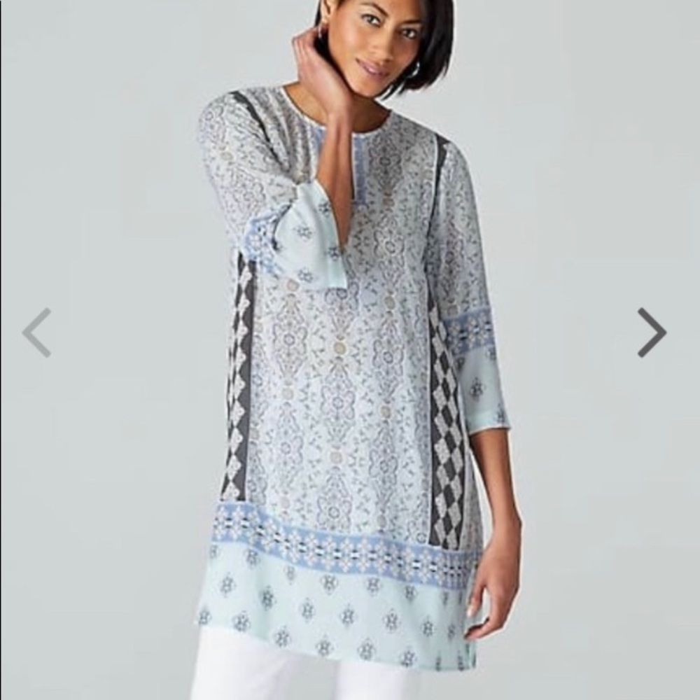 J.Jill Blue Seaglass Mixed Print Rayon Tunic Top (Lg)